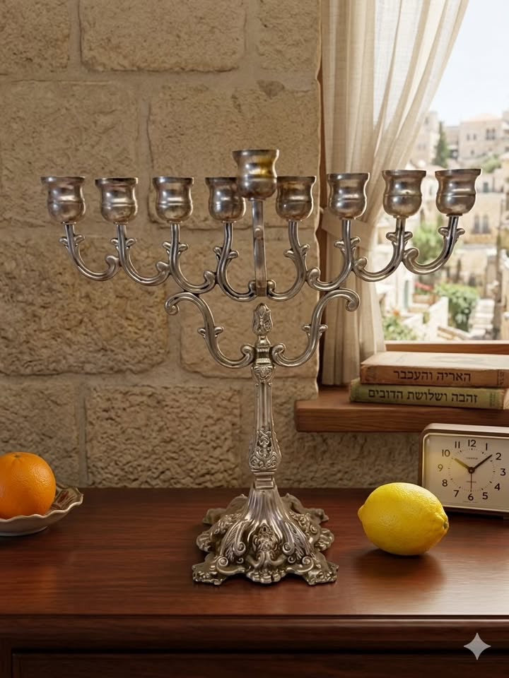 חנוכיית "ברוק" מפוארת | פיוטר (Pewter) בציפוי כסף | שמש נשלף | סגנון אירופאי קלאסי