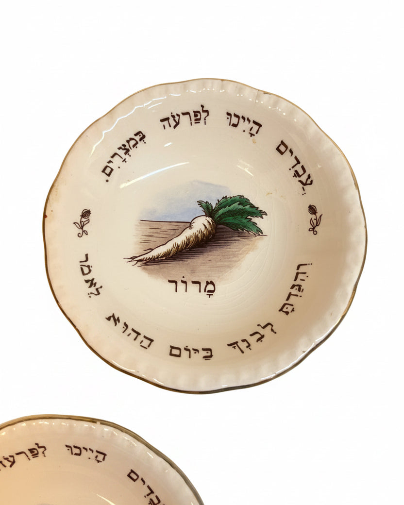 סט 5 צלוחיות פורצלן מאוירות לקערת ליל הסדר | וינטג' ישראלי | אמצע המאה ה-20