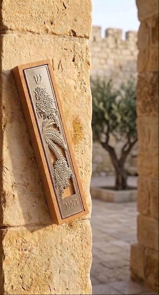 בית מזוזה מעוצב | סדרת "שבעת המינים" | עץ ותבליט מוכסף | החברה הממשלתית למדליות ומטבעות