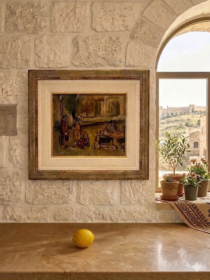 "דמויות בשוק" | ציור שמן ישן על לוח עץ | סגנון אקספרסיוניסטי נאיבי | ממוסגר