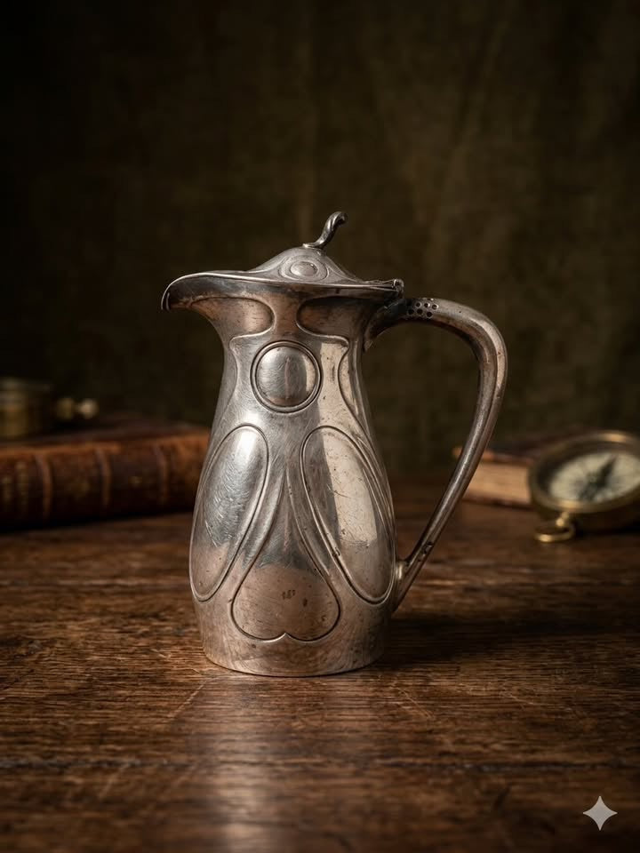 קנקן אנגלי עתיק ומפואר – אלפקה בציפוי כסף עבה (EPNS A1) בסגנון אר נובו זורם | אנגליה, ראשית המאה ה-20 | חתום