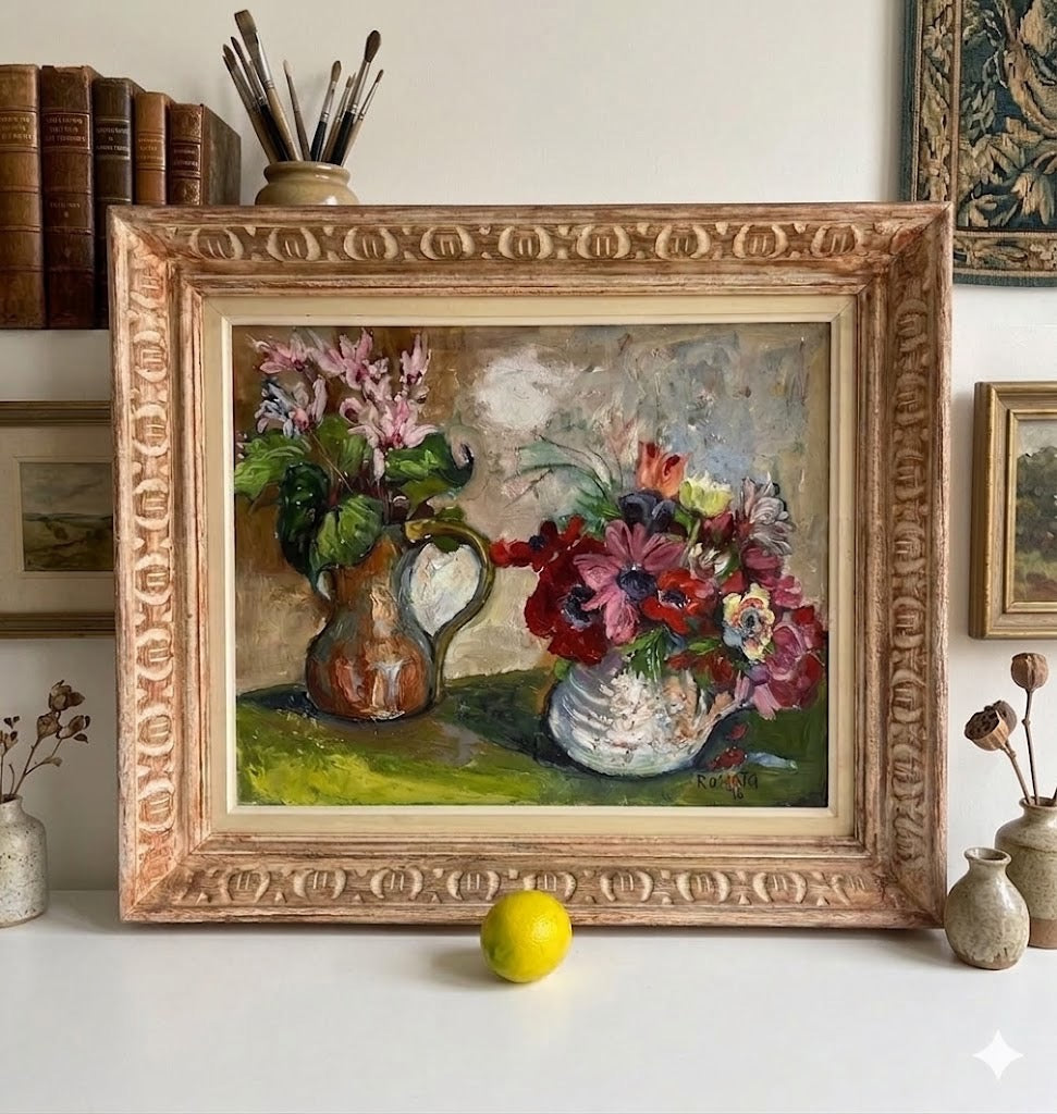 סלה רוסוטה (Sala Russota) | כלניות ורקפות (Still Life with Peonies and Anemones) | שמן על בד | מודרניזם ישראלי / אסכולת פריז המקומית (1976)
