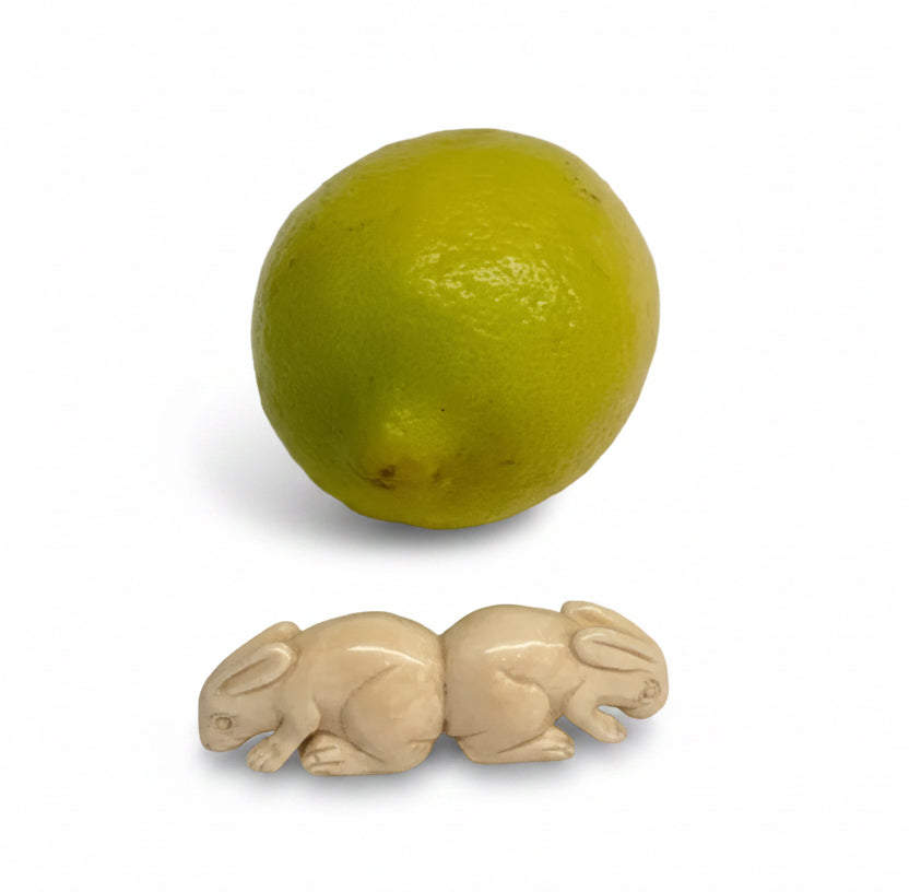 פסלון נטסקה (Netsuke) יפני מגולף בעבודת יד – צמד ארנבים | חתום
