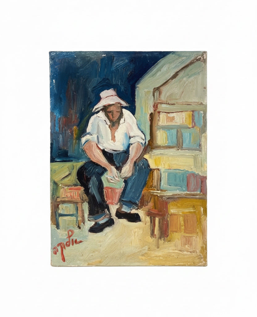אלקה ראובן (1926–1991) | פועל במנוחה (החלוץ) | שמן על בד | אקספרסיוניזם ישראלי / ריאליזם חברתי