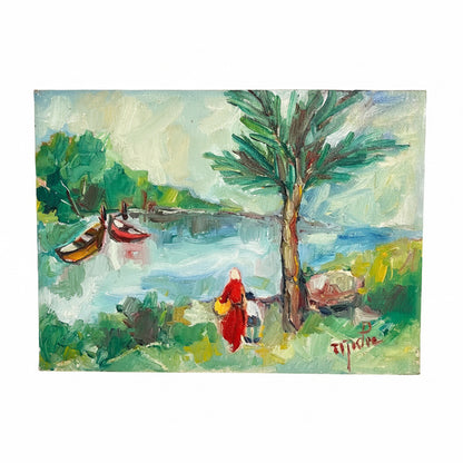 אלקה ראובן (1926–1991) | דמויות על גדת הנהר | שמן על בד | אקספרסיוניזם ישראלי / פוביזם מקומי