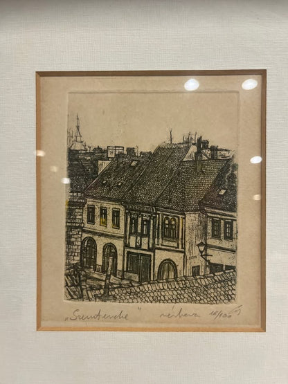 תחריט אירופאי מקורי ועתיק "Szentendre" (סנטאנדרה, הונגריה) – עבודת יד חתומה בעיפרון | מהדורה מוגבלת וממוספרת (16/100) | ממוסגר