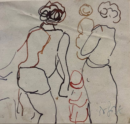 אהרון גלעדי (1907–1993) – "משפחה" | רישום דיו צבעוני מקורי ואותנטי | חתום ביד האמן | ממוסגר במסגרת עץ וינטג' כפרית