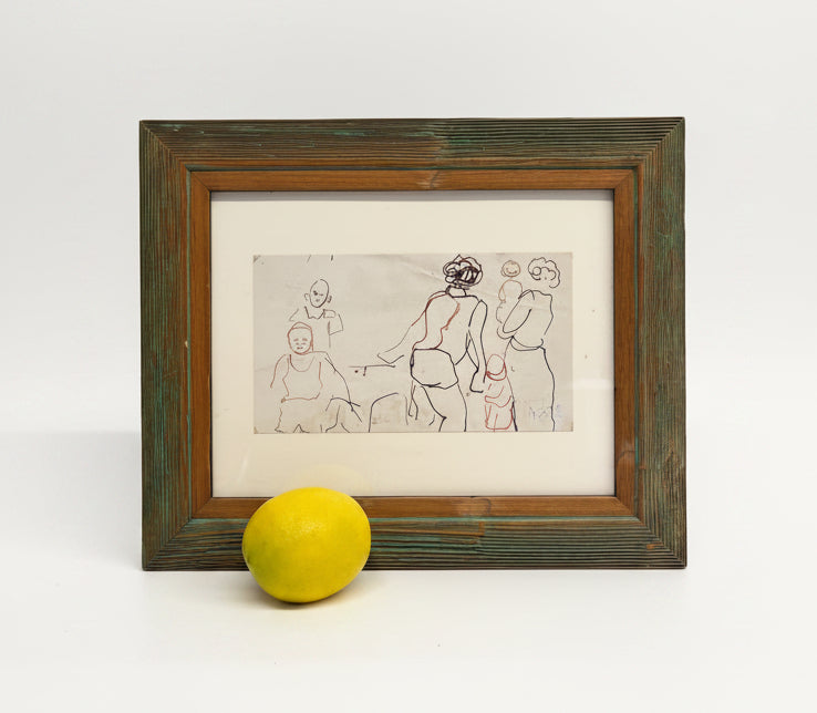 אהרון גלעדי (1907–1993) – "משפחה" | רישום דיו צבעוני מקורי ואותנטי | חתום ביד האמן | ממוסגר במסגרת עץ וינטג' כפרית