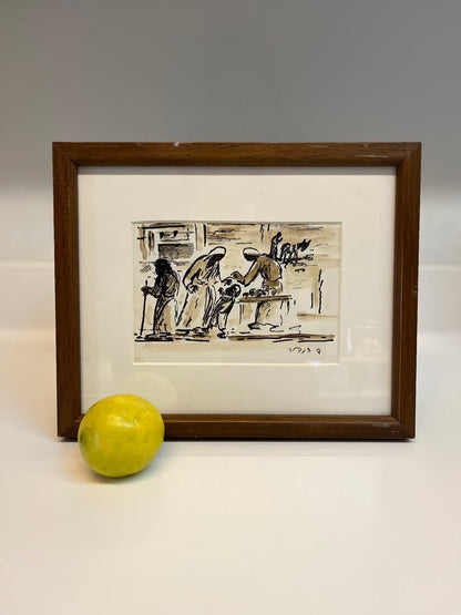 דוד הנדלר (1904–1984) – "סצנת שוק ארצישראלית" | אקוורל ורישום דיו מקורי ואותנטי | חתום ביד האמן | ממוסגר במסגרת עץ קלאסית