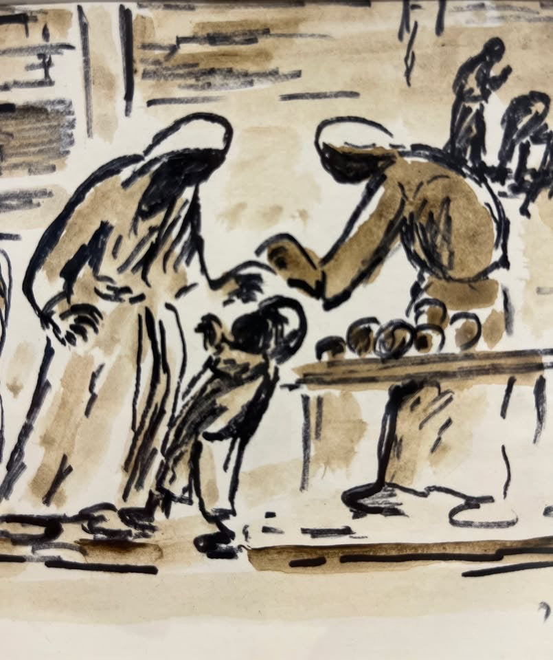 דוד הנדלר (1904–1984) – "סצנת שוק ארצישראלית" | אקוורל ורישום דיו מקורי ואותנטי | חתום ביד האמן | ממוסגר במסגרת עץ קלאסית