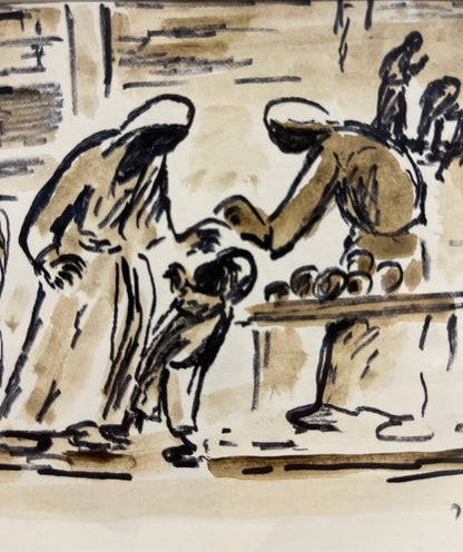 דוד הנדלר (1904–1984) – "סצנת שוק ארצישראלית" | אקוורל ורישום דיו מקורי ואותנטי | חתום ביד האמן | ממוסגר במסגרת עץ קלאסית