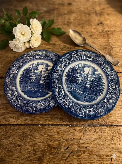 סט זוג צלחות וינטג' | Liberty Blue | פורצלן אנגלי Staffordshire | היכל העצמאות, 1976