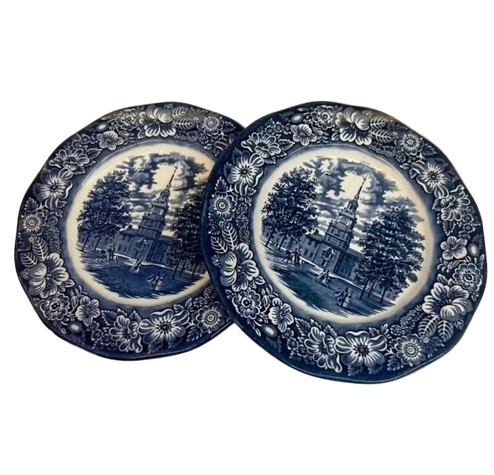 סט זוג צלחות וינטג' | Liberty Blue | פורצלן אנגלי Staffordshire | היכל העצמאות, 1976