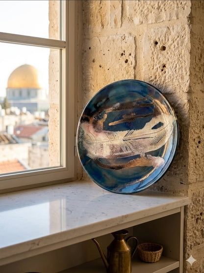 צלחת קיר אמאיל וינטג׳ | "גוונים" קיבוץ רביבים | עבודת יד ישראליאנה | קוטר 32 ס״מ