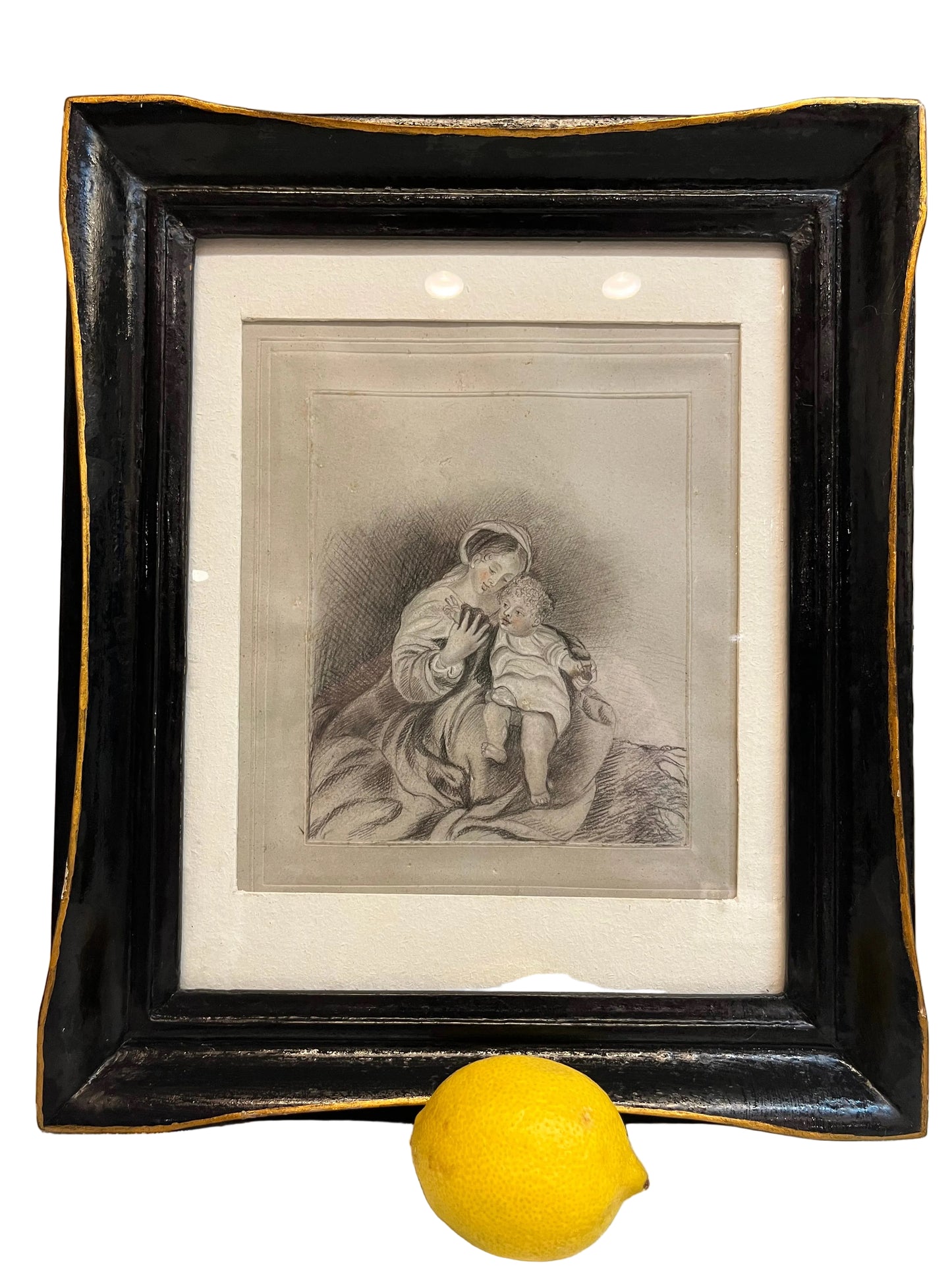 אם ובנה | רישום עפרון עתיק וממוסגר