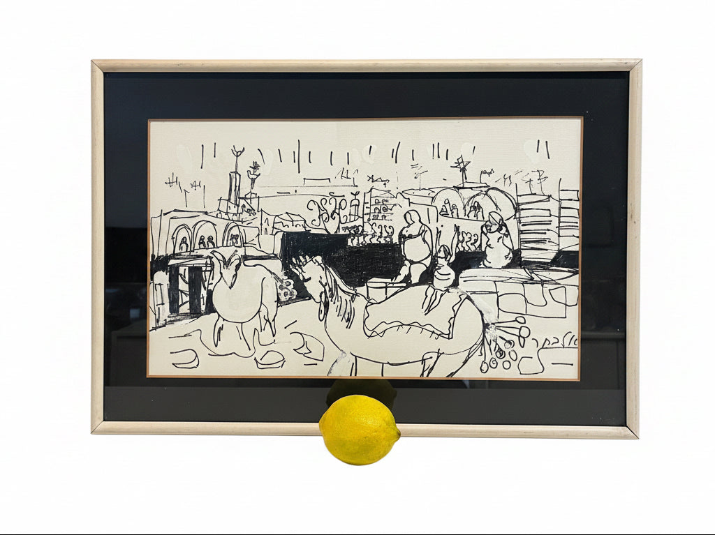 ציור בטכניקה מעורבת מקורי | רות אלבחר (נ. 1945) | "דמויות בנוף עירוני"