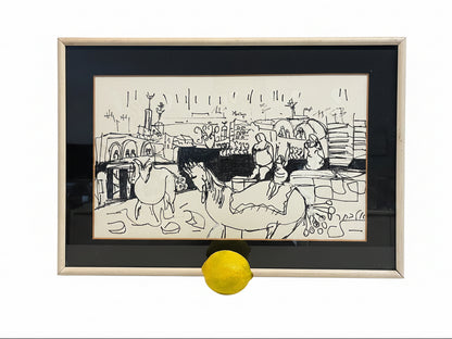 ציור בטכניקה מעורבת מקורי | רות אלבחר (נ. 1945) | "דמויות בנוף עירוני"