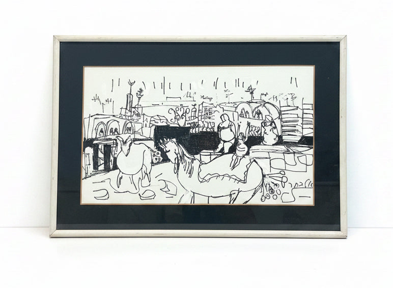 ציור בטכניקה מעורבת מקורי | רות אלבחר (נ. 1945) | "דמויות בנוף עירוני"