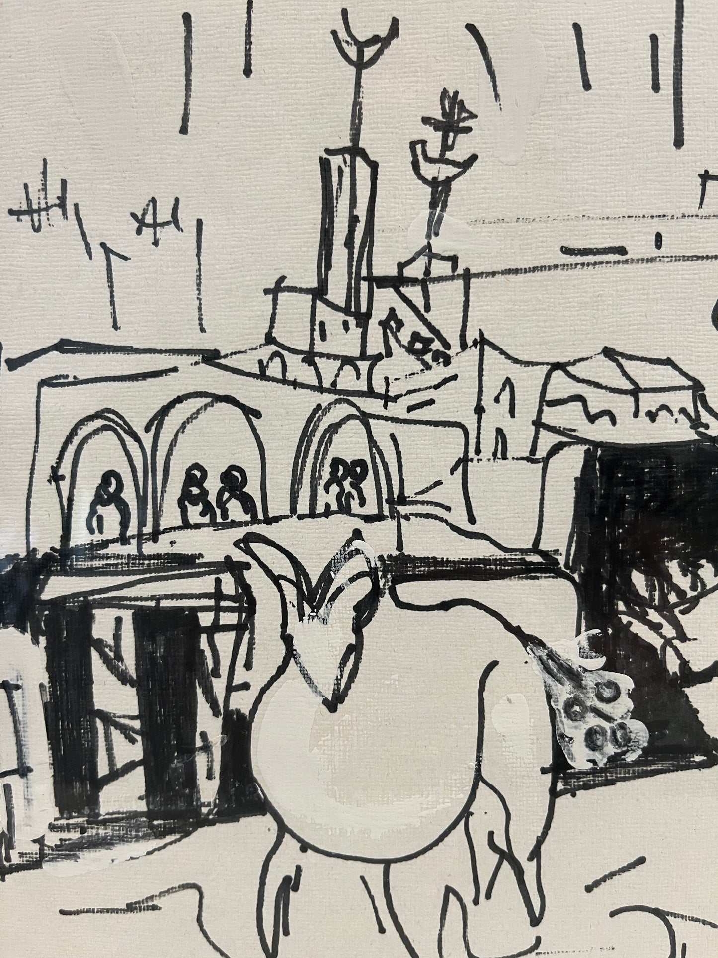 ציור בטכניקה מעורבת מקורי | רות אלבחר (נ. 1945) | "דמויות בנוף עירוני"