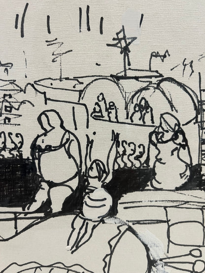 ציור בטכניקה מעורבת מקורי | רות אלבחר (נ. 1945) | "דמויות בנוף עירוני"